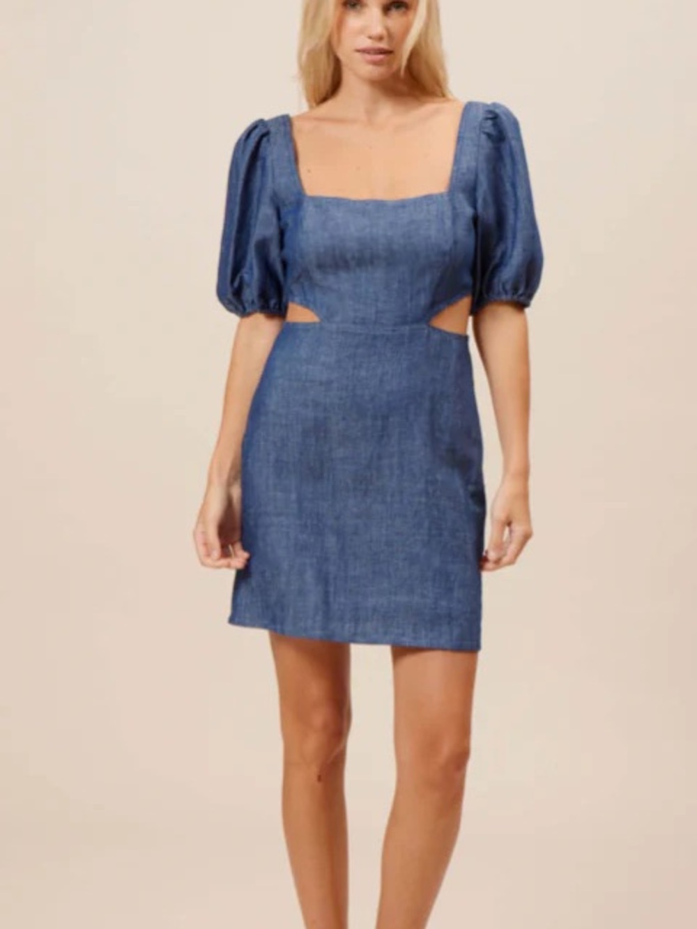 Lucy Paris Blue Denim Puff-Sleeve Cutout Mini Dress Smocked Back w Zipper Medium